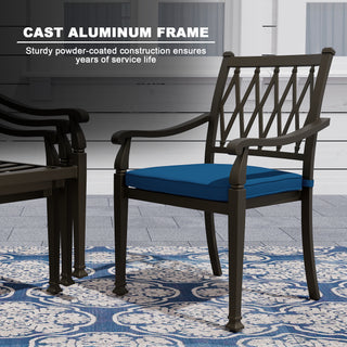 5-Piece Outdoor Patio Dining Set, Cast Aluminum 48" Round Table with Umbrella Hole and 4 Upholstered Chairs