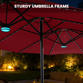 15FT Double-Sided Patio Umbrella with RGB LED Lights & Base – Extra Large Outdoor Market Umbrella for Backyard, Pool & Garden