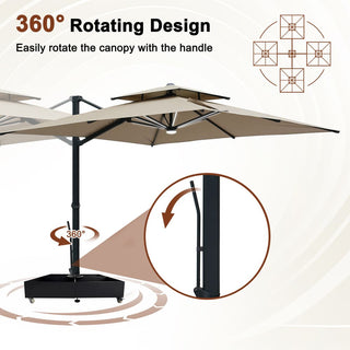 10×10 FT Double Top Aluminum Cantilever Patio Umbrella with LED Lights & Hook – Offset Outdoor Umbrella in Navy Blue/Tan/Gray