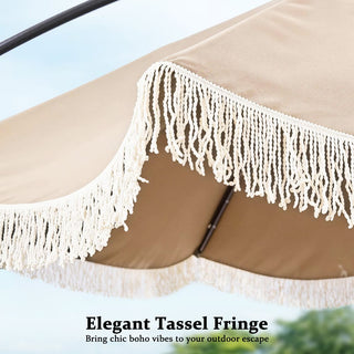 10FT Iron Cantilever Patio Umbrella with Tassels – 360° Rotating Outdoor Offset Umbrella with PU-Coated Polyester Canopy
