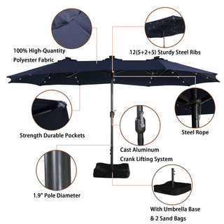 15FT Rectangular Outdoor Umbrella with LED Lights & Base – Day-to-Night Patio Shade for Backyard & Garden