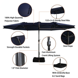 15FT Rectangular Patio Umbrella with Base & Crank Lift – Large Outdoor Market Umbrella for Backyard, Deck & Poolside