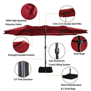 15FT Rectangular Patio Umbrella with Base & Crank Lift – Large Outdoor Market Umbrella for Backyard, Deck & Poolside