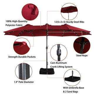 15FT Rectangular Outdoor Umbrella with LED Lights & Base – Day-to-Night Patio Shade for Backyard & Garden