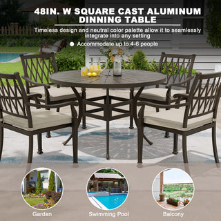 48" Round Cast Aluminum Outdoor Dining Table with Umbrella Hole – Weather-Resistant Patio Table for Garden & Backyard