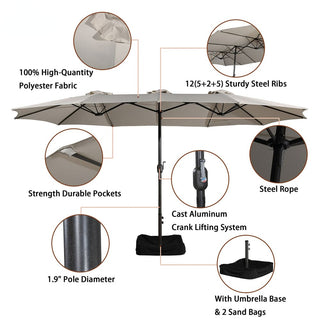 15FT Rectangular Patio Umbrella with Base & Crank Lift – Large Outdoor Market Umbrella for Backyard, Deck & Poolside