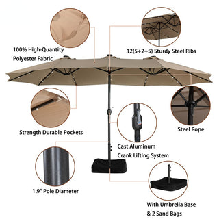15FT Rectangular Outdoor Umbrella with LED Lights & Base – Day-to-Night Patio Shade for Backyard & Garden
