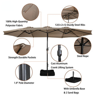 15FT Rectangular Patio Umbrella with Base & Crank Lift – Large Outdoor Market Umbrella for Backyard, Deck & Poolside