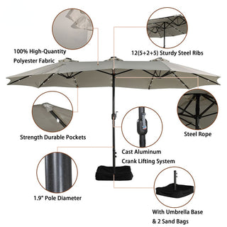 15FT Rectangular Outdoor Umbrella with LED Lights & Base – Day-to-Night Patio Shade for Backyard & Garden