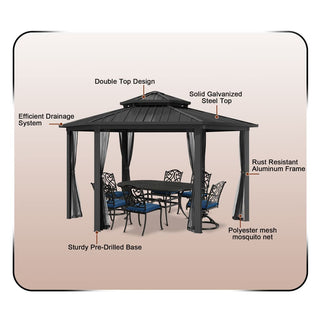 15x15 Ft Hexagon Hardtop Gazebo with Netting, Aluminum Frame Outdoor Patio Pavilion Shelter