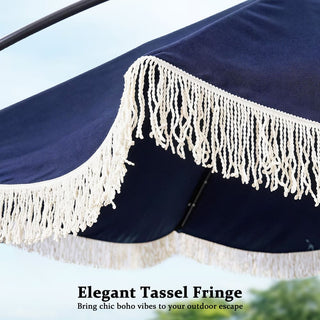 10FT Iron Cantilever Patio Umbrella with Tassels – 360° Rotating Outdoor Offset Umbrella with PU-Coated Polyester Canopy