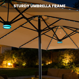 15FT Double-Sided Patio Umbrella with RGB LED Lights & Base – Extra Large Outdoor Market Umbrella for Backyard, Pool & Garden