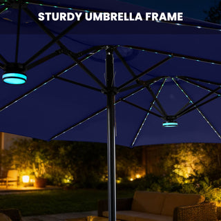 15FT Double-Sided Patio Umbrella with RGB LED Lights & Base – Extra Large Outdoor Market Umbrella for Backyard, Pool & Garden