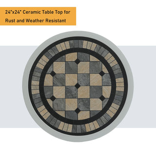 24" Round Cast Aluminum Outdoor Bistro Table with Ceramic Tile Top in Antique Bronze/White, Standard Height for Patio & Garden