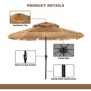 9FT/10FT 2-Tier Thatched Tiki Patio Umbrella with Crank – Natural Color, Beach-Style Sunshade