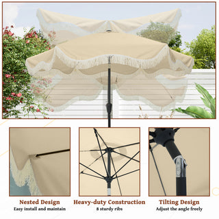9 FT Tassel Market Patio Umbrella with Full Fiberglass Rib in Cream/Beige/Tan