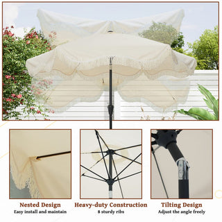9 FT Tassel Market Patio Umbrella with Full Fiberglass Rib in Cream/Beige/Tan