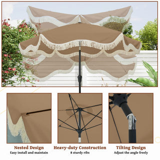 9 FT Tassel Market Patio Umbrella with Full Fiberglass Rib in Cream/Beige/Tan