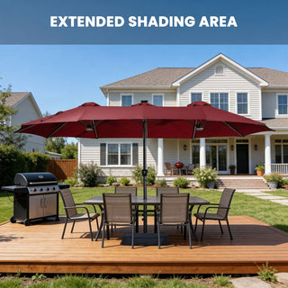 15FT Double-Sided Patio Umbrella with RGB LED Lights & Base – Extra Large Outdoor Market Umbrella for Backyard, Pool & Garden