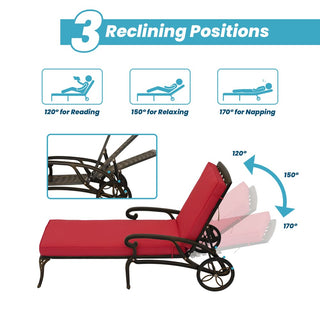 Cast Aluminum Outdoor Chaise Lounge with Removable Beige/Red Cushion