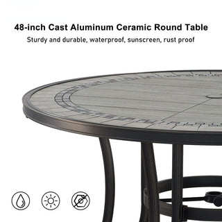 48" Cast Aluminum Outdoor Dining Table with Umbrella Hole – Weather-Resistant Patio Round Table for Garden, Deck & Backyard