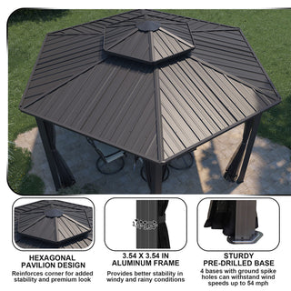 15x15 Ft Hexagon Hardtop Gazebo with Netting, Aluminum Frame Outdoor Patio Pavilion Shelter