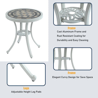 24" Round Cast Aluminum Outdoor Bistro Table with Ceramic Tile Top in Antique Bronze/White, Standard Height for Patio & Garden