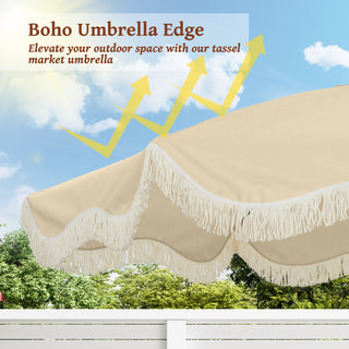 9 FT Tassel Market Patio Umbrella with Full Fiberglass Rib in Cream/Beige/Tan
