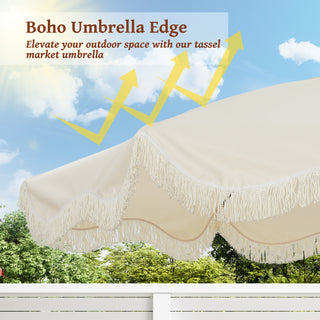 9 FT Tassel Market Patio Umbrella with Full Fiberglass Rib in Cream/Beige/Tan