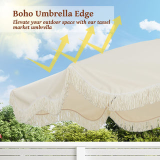 9 FT Tassel Market Patio Umbrella with Full Fiberglass Rib in Cream/Beige/Tan
