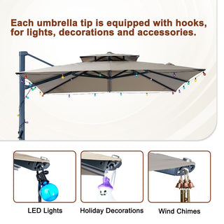 10×10 FT Double Top Aluminum Cantilever Patio Umbrella with LED Lights & Hook – Offset Outdoor Umbrella in Navy Blue/Tan/Gray
