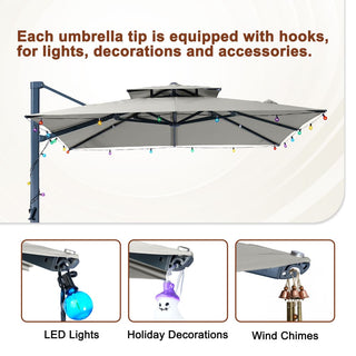10×13 FT Aluminum Cantilever Patio Umbrella with LED Lights & Hook – Large Offset Outdoor Umbrella for Patio, Deck & Garden