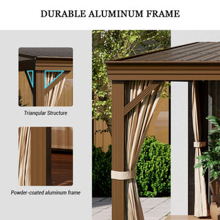 Hardtop Wall Mounted Gazebo with Sloping Galvanized Steel Roof, Aluminum Frame, Drainage System, Curtains and Netting, for Patio, Deck, Garden, Backyard