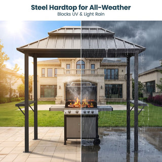 Hardtop Outdoor BBQ Grill Gazebo with Sloped Galvanized Steel Roof, 2 Side Shelves & Ceiling Hooks for Backyard & Patio