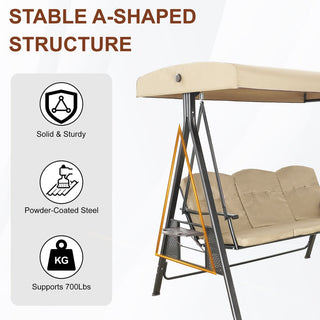 3-Person Steel Patio Swing with Adjustable Canopy & Removable Cushions, Outdoor Porch Swing Chair in Beige