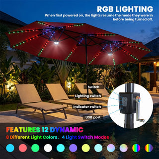 15FT Double-Sided Patio Umbrella with RGB LED Lights & Base – Extra Large Outdoor Market Umbrella for Backyard, Pool & Garden