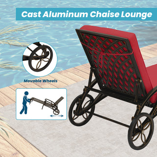 Cast Aluminum Outdoor Chaise Lounge with Removable Beige/Red Cushion