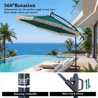 10FT Iron Cantilever Patio Umbrella with Tassels – 360° Rotating Outdoor Offset Umbrella with PU-Coated Polyester Canopy