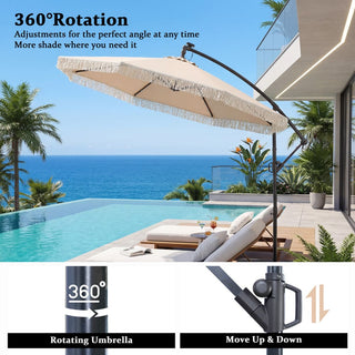 10FT Iron Cantilever Patio Umbrella with Tassels – 360° Rotating Outdoor Offset Umbrella with PU-Coated Polyester Canopy