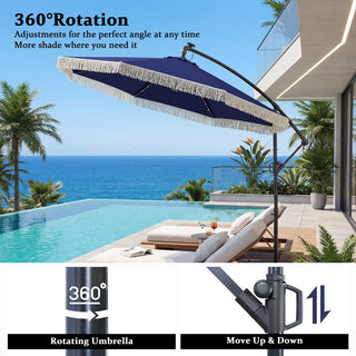 10FT Iron Cantilever Patio Umbrella with Tassels – 360° Rotating Outdoor Offset Umbrella with PU-Coated Polyester Canopy