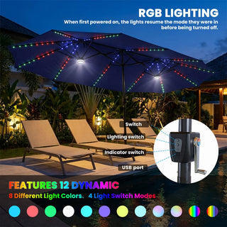 15FT Double-Sided Patio Umbrella with RGB LED Lights & Base – Extra Large Outdoor Market Umbrella for Backyard, Pool & Garden