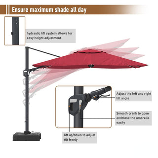 11FT Square Cantilever Patio Umbrella with LED Lights-Red/Navy Blue/Gray