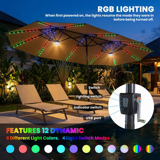 15FT Double-Sided Patio Umbrella with RGB LED Lights & Base – Extra Large Outdoor Market Umbrella for Backyard, Pool & Garden