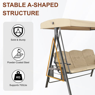 3-Person Steel Patio Swing with Adjustable Canopy & Removable Cushions, Outdoor Porch Swing Chair in Beige