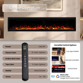 Smart Electric Fireplace with 13 Flame Colors, WiFi & Voice Control, 750W/1500W Heater, LED Ember Bed & Remote