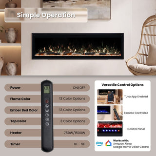 Smart Electric Fireplace with 13 Flame Colors, WiFi & Voice Control, 750W/1500W Heater, LED Ember Bed & Remote