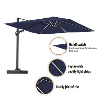 11FT Square Cantilever Patio Umbrella with LED Lights-Red/Navy Blue/Gray