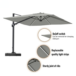 11FT Square Cantilever Patio Umbrella with LED Lights-Red/Navy Blue/Gray