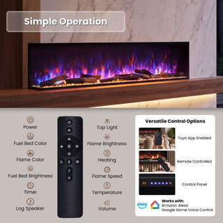 72"/88"/100" Smart Electric Fireplace with 14 Flame Colors, WiFi Tuya App, Voice Control & 1500W Heater
