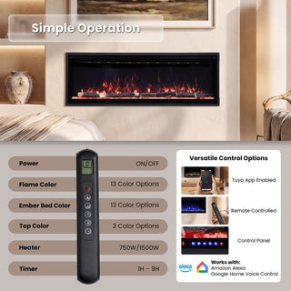 Smart Electric Fireplace with 13 Flame Colors, WiFi & Voice Control, 750W/1500W Heater, LED Ember Bed & Remote